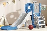 Glaf Toddler Slide 6 in 1 Indoor Playground Outdoor Playset for Kids Toddlers Age 1-3 Baby Slide with Basketball Hoop and Ball Storage Space and Telescope Freestanding Climber Slides Toys (Blue)
