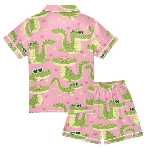 ALAZA Cartoon Crocodile Heart Stylish Pajamas Satin Pajama Set Short Sleeve Button Down Sleepwear2