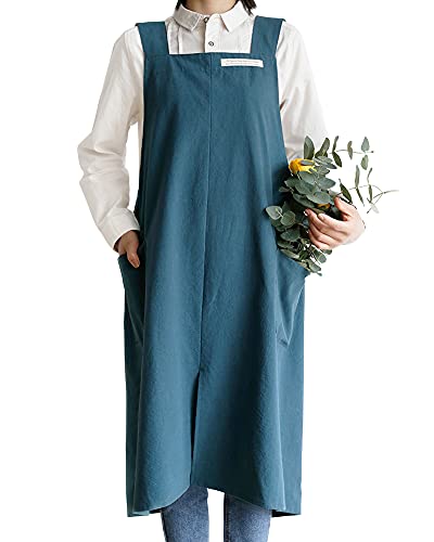 Small snail Coton Lin Tabliers Couleur Unie Style Japonais Halter Bandage Croisé Tablier avec Poche Rétro Littérature De l'art Fleuriste Vêtements pour Femmes Hommes Cuisine Grande Taille Cyan Foncé Cover