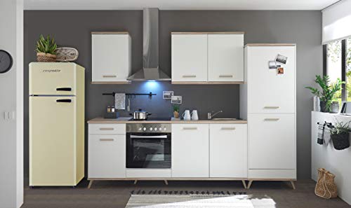 respekta Küche Küchenzeile Retro Küchenblock Einbauküche 330 cm weiß scandic