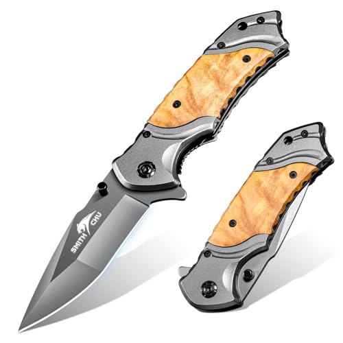 SMITH CHU Taschenmesser Klappmesser - Outdoor Messer mit Holzgriff, EDC Messer, Jagdmesser & Survival Messer für Abenteuer, Camping & Alltag