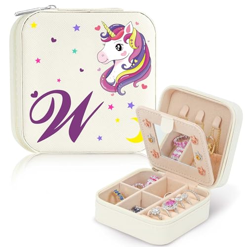 Parima Unicorns Gifts for Girls, Cute Stuff for Girls Jewelry Box | W Initial Jewelry Case for Girls Jewelry Box | Small Jewelry Box | Mini Travel Jewelry Case Organizer | Flower Girl Gift - White