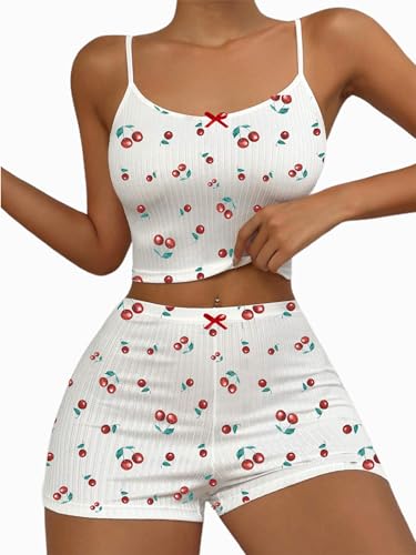 Image of Hilinker Womens Graphic 2 Piece Pajama Set Summer Cute Crop Cami and Shorts Ribbed Lounge Sets