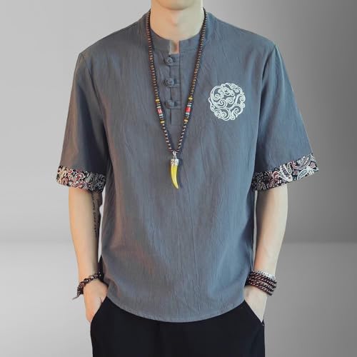 Camisa transpirable de lino contra el calor con cuello alto tradicional 6