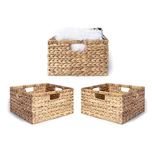 Large 14.5” x 13.5” x 8” (Set of 3) Natural Water Hyacinth Woven Storage Baskets, Rectangular Wicker Basket with Built-in Handles, Large (Natural)