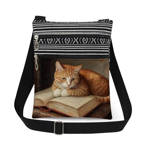 Orange Cat Printed Crossbody Bag Adjustable Shoulder Strap Messenger Bag Stylish Travel Crossbody Purse Birthday Gift Idea for Cat Lovers Women Men Teens Halloween Christmas Gift
