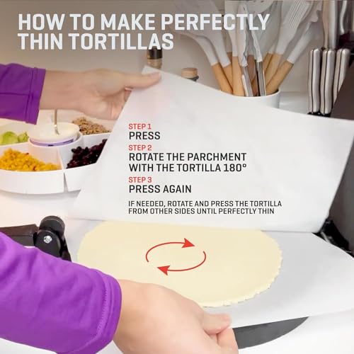 Uno Casa Tortilla Presse 20 cm - Taco Presse, Hochleistungs-Gusseisen Tortilla Maker - Roti Maker Bonus 100 Stk. Pergamentpapier