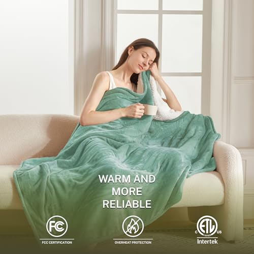 Heat Blanket 72”x84” Full Size,Soft Flannel & Sherpa Reversible Electric Blanket with 10 Heat Settings,12 Timer Setting and 8 Hours Auto-Shut Off,ETL Certified Machine Washable,Green