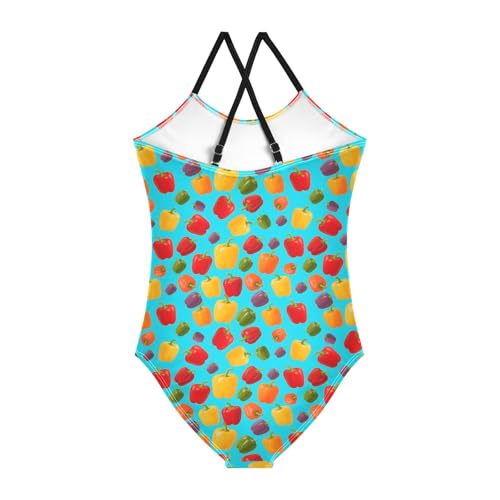 senya Girls Swimsuits One-Piece Swimwear Tie Bathing Suit Beach Summer Round Neck 7-8T Colorful Pepper Pattern2