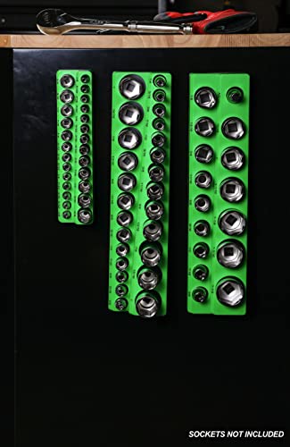 Image of ARES 60037 - 3-Piece SAE Magnetic Socket Organizers Set - GREEN - Includes 1 /4 in, 3 /8 in, 1 /2 in Socket Holders - Holds 68 Standard (Shallow) and Deep Sockets - Also Available in RED
