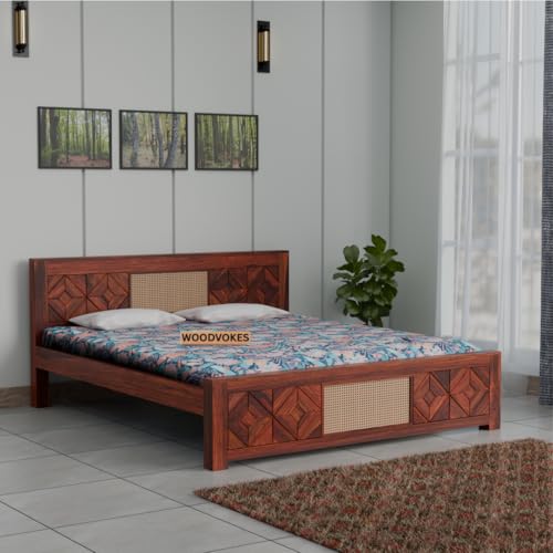 Image of Sheesham Wood 1 Bed Without Storage Solid Wooden Cot Bed Elegant and Functional Bedroom Living Room Home (Honey Finish 2 Can, Queen)