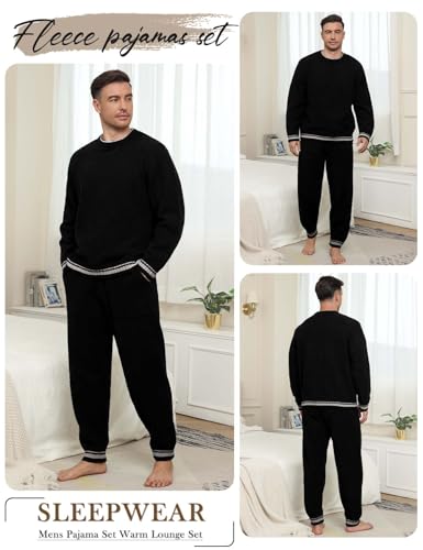 Mens Winter Pajamas Set Soft Warm Round Collar Long Sleeve Sleepwear Comfy Loungewear Pjs with Pockets3