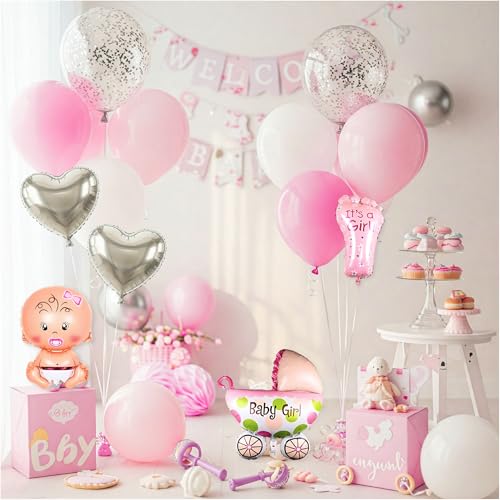 Image of 57 Pcs Welcome Baby Girl Decoration Kit | Balloons, Banner, Curtains, Foils, Stars, Hearts, Ribbon & Confetti for Baby Shower & Newborn Celebration Set 17