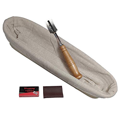 Oblong Bread Proofing Banneton Basket Includes Linen Liner and Bread Lame with Replacement Blades for Breads with a Spiral Pattern on the Crust