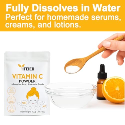 iFEiER Vitamin C Powder for face | 100g(3.53oz) Cosmetic Grade Pure Vitamin C serum powder for Skin | L-Ascorbic Acid VC powder for DIY Serum, Creams | VC for face skin