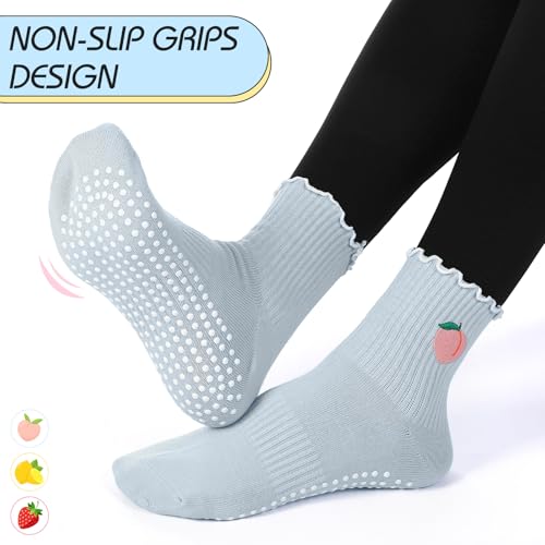 3 Pairs Ruffle Pilates Socks with Grips for Women, Non Slip Yoga Cute Ruffle Socks Barre Workout Gym Accessories2