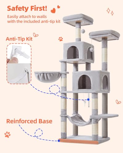 Image of Taoqimiao Cat Tree, 66.2 in Tall Cat Tower with 2 Plush Cat Condos