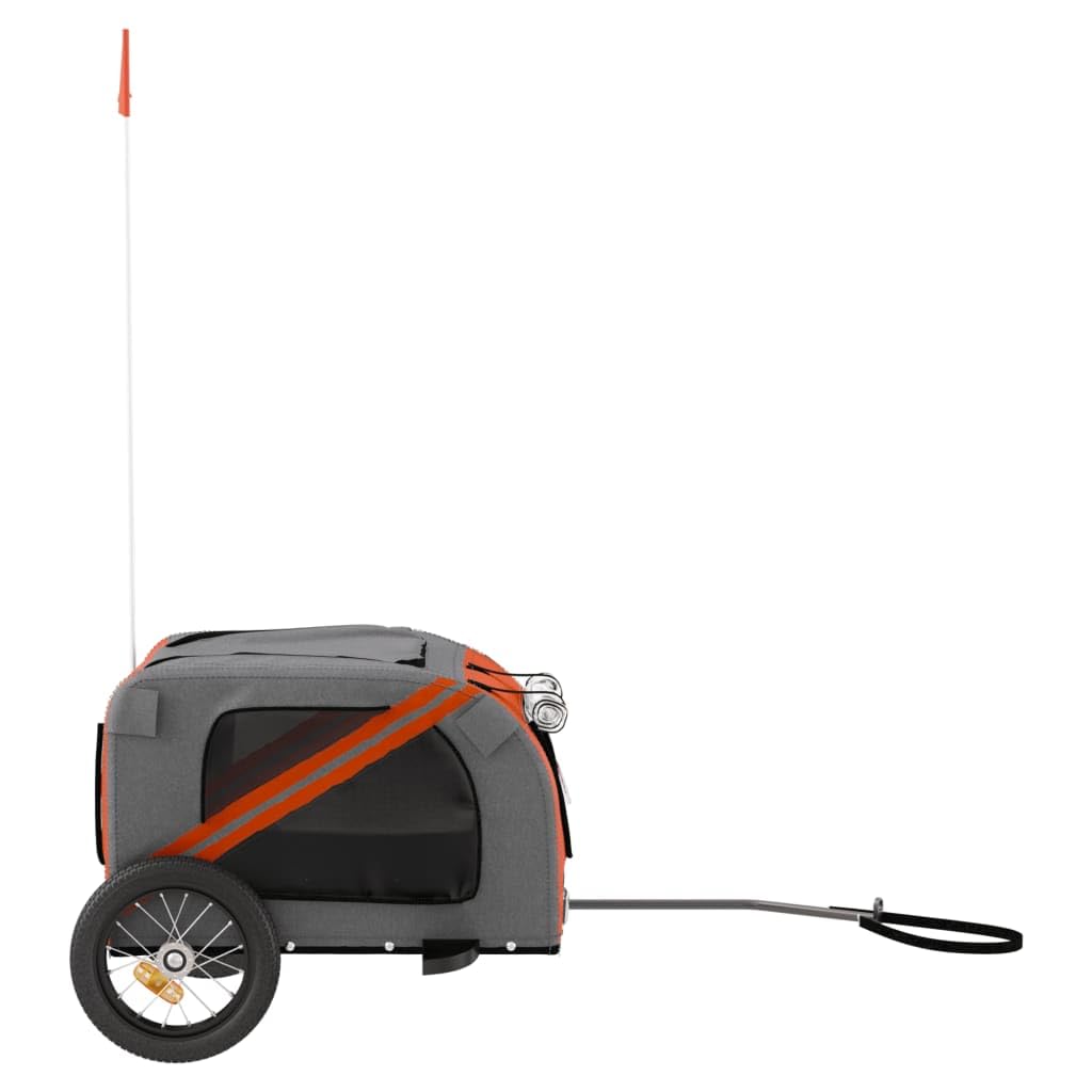 Przyczepa rowerowa ze zwierzętami, pomarańczowa, szara, tkanina Oxford z żelazną ramą, pokrowiec PVC, dwa duże koła, przednie i tylne drzwi zapinane na zamek błyskawiczny, siatka i dach zapinany na