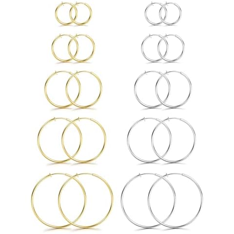 CASSIECA 10 Pairs Clip On Hoop Earrings for Women Stainless Steel Fake Hoop Earrings Silver Gold Clip On Spring Hoop Earrings for Non-Pierced Ears, 25mm 30mm 40mm 50mm 60mm Cover