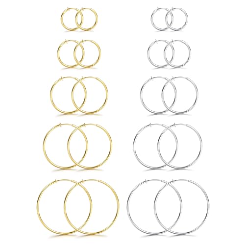 CASSIECA 10 Pairs Clip On Hoop Earrings Stainless Steel Clip On Earrings for Women No Piercing Fake Hoop Earrings Spring Hoop Earrings for Non-Pierced Ears 25mm 30mm 40mm 50mm 60mm