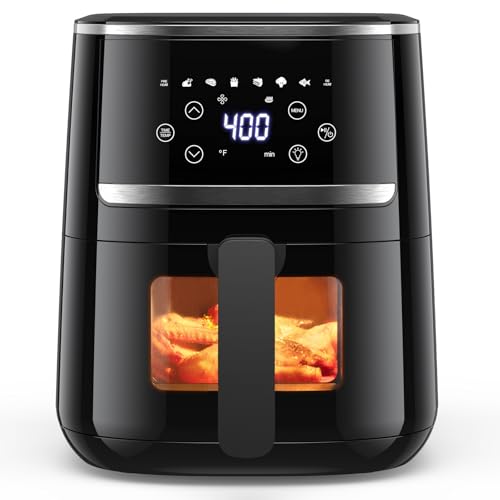 7-In-1 Air Fryer with Visible Window, 5QT Large Capacity Multifunctional Digital Air Fryer Oven for Baking Roasting Dehydrating, 1500W Low Noise Airfryers with Dishwasher Safe Basket