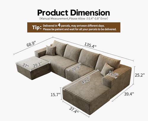 Image of 135.4 inch Cloud Modular Sectional Sofa with 1 Ottoman,Modern Minimalist Upholstered Couches, Comfort U Shaped Sofa for Living Room,Deep Seat Corner Couch,No Assembly Required (Camel,Right Facing Chaise)