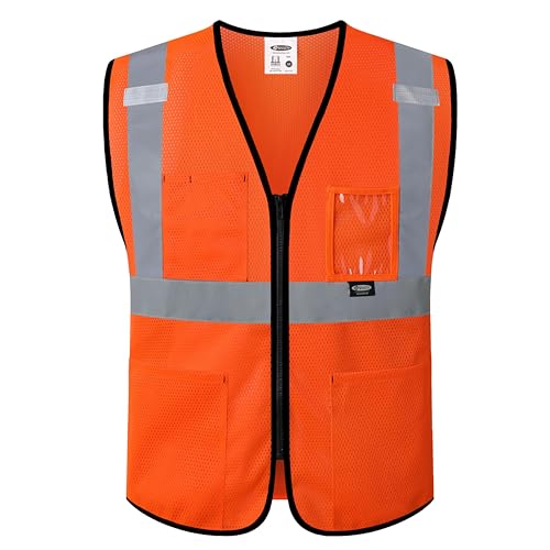 JKSafety Safety Vest for Men Women Hi Vis Construction Vest with Pockets Class 2 High Visibility Meet ANSI Standard Orange Color (BX310-Orange L)