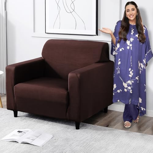 Image of HOKIPO Elastic Stretchable Single Seater Sofa Cover, Chocolate Brown (AR-4277-E2)