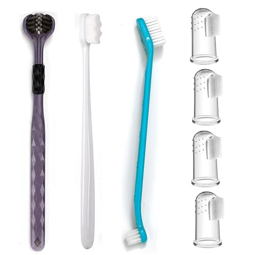 Image of Dog Toothbrush Kit, 360-Degree Finger Three-Sided Design, Replaceable Brush Heads, Easy Teeth Cleaning and Dental Care (7 Pack)