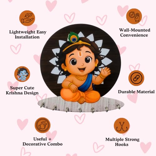 Image of Baby Krishna Wooden Key Holder for Home Without Drill, Brown, 20x25 cm, 7 Hooks, Modern Style, No-Drill Wall Mount Design for Home Office, Decorative Key Stand (Bal Krishna)