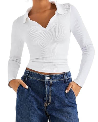 SUUKSESS Women Long Sleeve Ribbed V Neck Polo Shirts Collared Seamless Business Casual Slim Fitted Tops for Office Work (White,M)