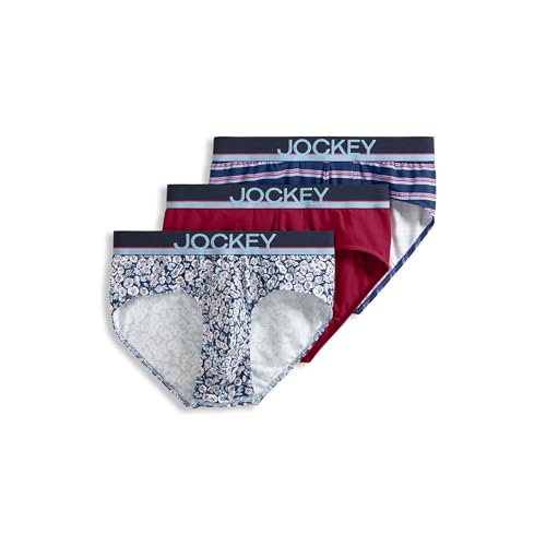 Jockey Men's Underwear True Style Brief - 3 Pack, Funky Marina Floral/Red Pear/Soft Blue Fall Stripe, S