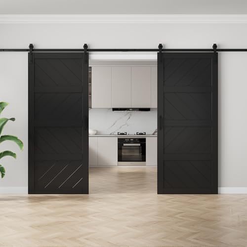 Image of 72 inchx84 inch Black Waved Barn Door with 13.2FT Track Kit & Handle & Floor Guide | Pre-Drill Holes Double Barn Door For Easy Assembly, Solid Core Wood Sliding Barn Door for Water-Resistant & Sound Reduction