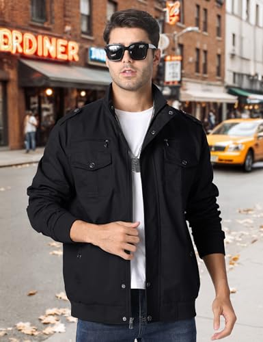 CRYSULLY Men's Cotton Military Jacket Lightweight Casual Windbreaker Stand Collar Bomber Jackets Coat with Multi Pockets3