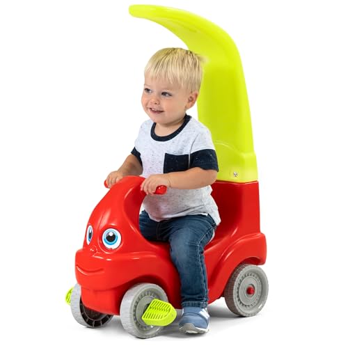 Simplay3 Convert-a-Coupe Push Along Riding Car for Toddlers and Kids Ages 2-5 Years, Red and Lime Yellow Parent Push Car Converts to Toddler Ride-On Car