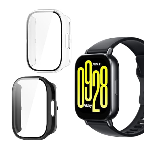 NEWZEROL 2 Piezas Fundas Protectoras Compatibles para Xiaomi Redmi Watch 5 Active, Marco Protector de PC + Funda Protectora de Pantalla de Vidrio Templado - Negro/Transparente