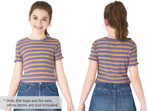 Image of Girls Striped T-Shirt Lettuce Trim Short Sleeve Top Size 6-16 | Soft stretch ribbed knit fabric, breathable blouse,summer outfit for big girls & teen, for school, party and daily activity