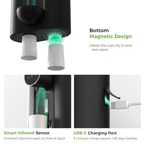 Image of Automatic Mouthwash Dispenser 18.26 oz Touchless Mouthwash Dispenser for Bathroom Magnetic Cup USB Rechargeable and 3 Dispensing Levels with Led Screen Wall-Mounted or Countertop Use-Black 2Pack