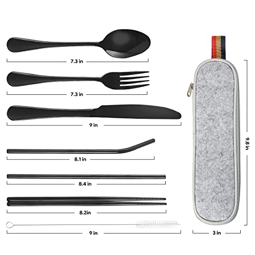 Zxzcttc 8-Piece Stainless Steel Flatware Set， Cutlery Set For Trip Camping,Dishwasher Safe，Including Knife Fork Spoon Chopsticks Cleaning Brush Straws With Portable Case，Not Easy To Fade (Black) #TOP5