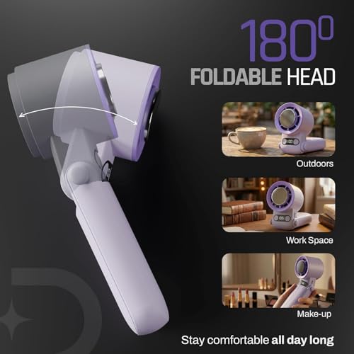 Image of Domestica Flo Hand Fan Rechargeable | 20000 RPM with IcyTouch | 4,000 mAh Battery [Up to 12H] | 3-in-1 Hand, Neck & Desk Fan | Portable & 180 Foldable Design | For Travel, Office, Makeup(Moon Berry)