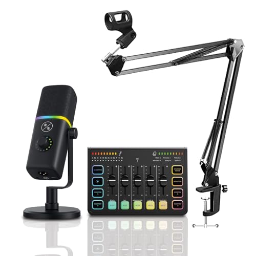 Image of Audio Array RGB Gaming Mic Bundle with USB /XLR Microphone, Boom Arm & Sound Card Mixer | Streaming Mic Kit with Voice Effects, AI Noise Cancel, RGB Lights for Podcasting, Gaming & Recording - PB-09