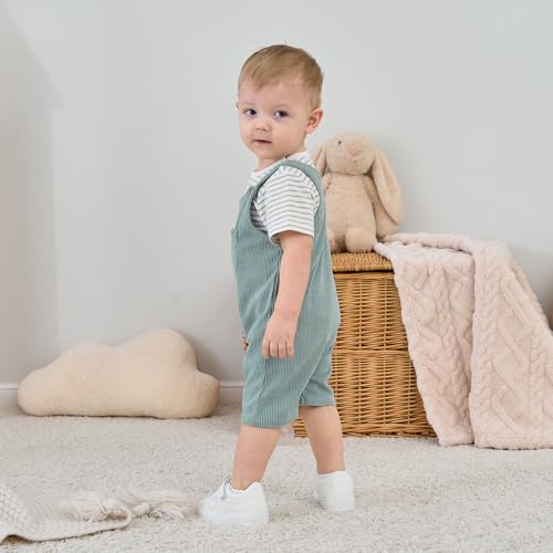 JiuBreeze Baby Boys Bodysuit Summer Clothes Set 2-pcs Striped Romper & Overalls Shorts Set Jumpsuit 0-12 Months (Green, 0-3M) — view 5