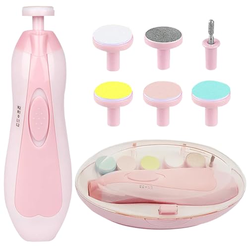 Bebe PRODUCTS Electric Baby Nail Trimmer File - Baby Nail Trimmer, Children, and Adults Toenails and Fingernails - LED Light Infant Nail Trimmer with 6 Replacement Heads and Storage Case - (Pink)