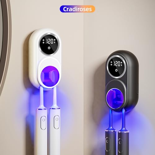 Image of UV Toothbrush Sanitizer Holder, Auto-Sensor Wall-Mount Tooth Brush Cleaner with Heated Drying, 2 Slots LED Smart Screen for Bathroom (White)