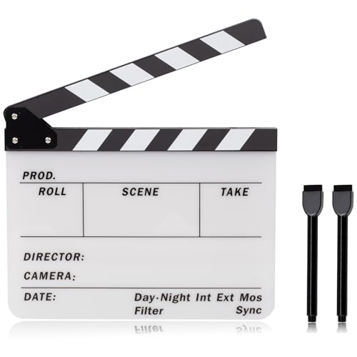 ALLZEDREAM Acrylic Directors Clapboard Film Clapper Board Cut Action Scene Slates with 2 Dry Erase Whiteboard Pens, White