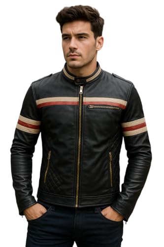 Mens Black Cafe Racer Jacket - Red and White Stripe Biker Leather Jacket Men