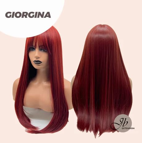 Miniatura 7 de GIORGINA - Peluca larga y lacia roja con flequillo completo para usar y llevar, sin pegamento, pelucas de cabello largo para fiesta, Halloween,