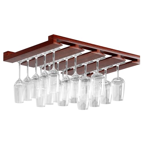 Rustic State Eze 4 Sectional Under Cabinet Mount Wood Stemware Rack Hanging Shelf Glassware Holder Bar Organizer with up to 12 Wine Glass Storage 12 Inch - Deep Mahogany