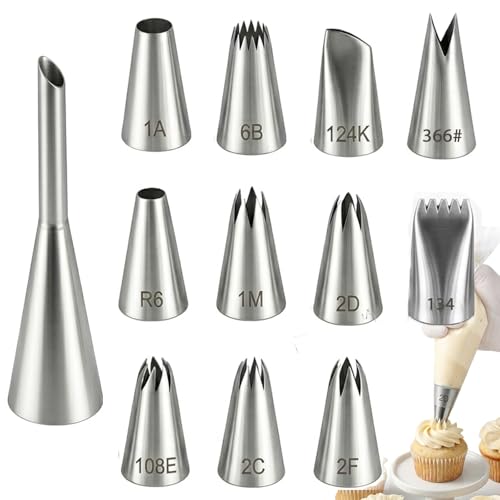 Set di 12 beccucci in acciaio inox, grandi beccucci per sac à pochette, beccucci professionali per decorare torte, cupcake e muffin, accessori da forno