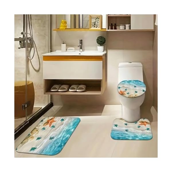 4pcs Seesternmuschel Schildkröte Gedrucktes Badezimmer-Set, Wasserdichter Duschvorhang, rutschfeste Matte, WC-Deckel-Matte Und U-Form-Matte, Badewanne-Trennwand – Bild 6